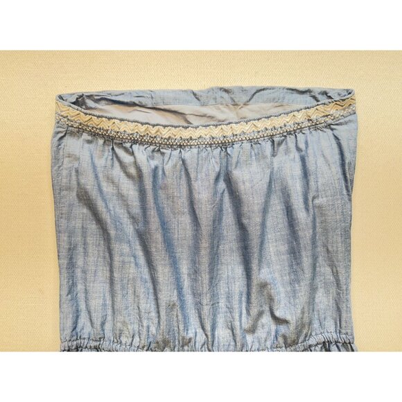 Hollister Women's Strapless Chambray Romper Size M Blue White Embroidery Stretch - Picture 12 of 13